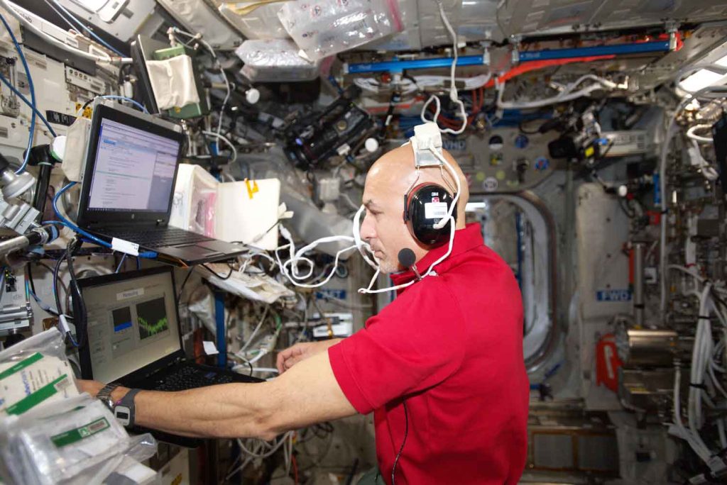 Luca Parmitano running "Acoustic Diagnostics", an Italian Space Agency (ASI) experiment, in cooperation with the University of Rome Tor Vergata, to study the effects of the background noise of the ISS on the hearing of the astronauts. Svantek Sv 102 ESA