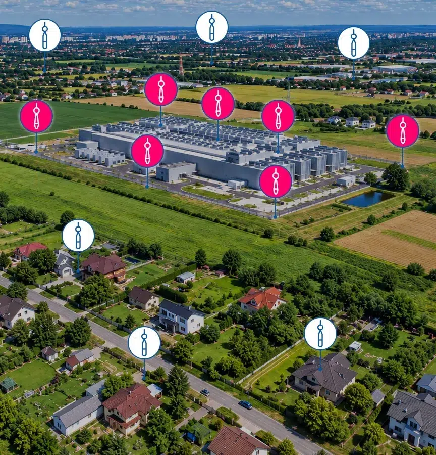 Luftaufnahme eines Rechenzentrums-Campus mit Lärmmesspunkten am Zaun und zwischen nahegelegenen Wohnhäusern