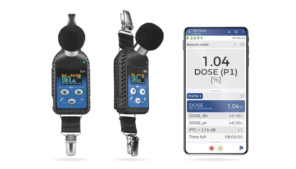 Personen-Lärmdosimeter SV 104A, Vorder- und Seitenansicht, mit der mobilen App Assistant und Ergebnissen der Lärmdosis
