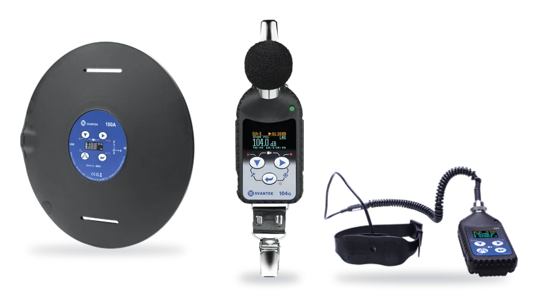 SV 100A whole-body vibration seat pad, SV 104 noise dosimeter and SV 103 hand-arm vibration meter